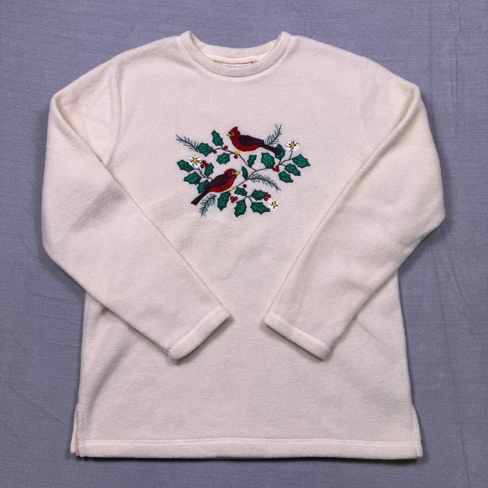 Basic Editions Holiday Womens‎ Medium Fleece Sweatshirt Red Cardinal Birds Cream